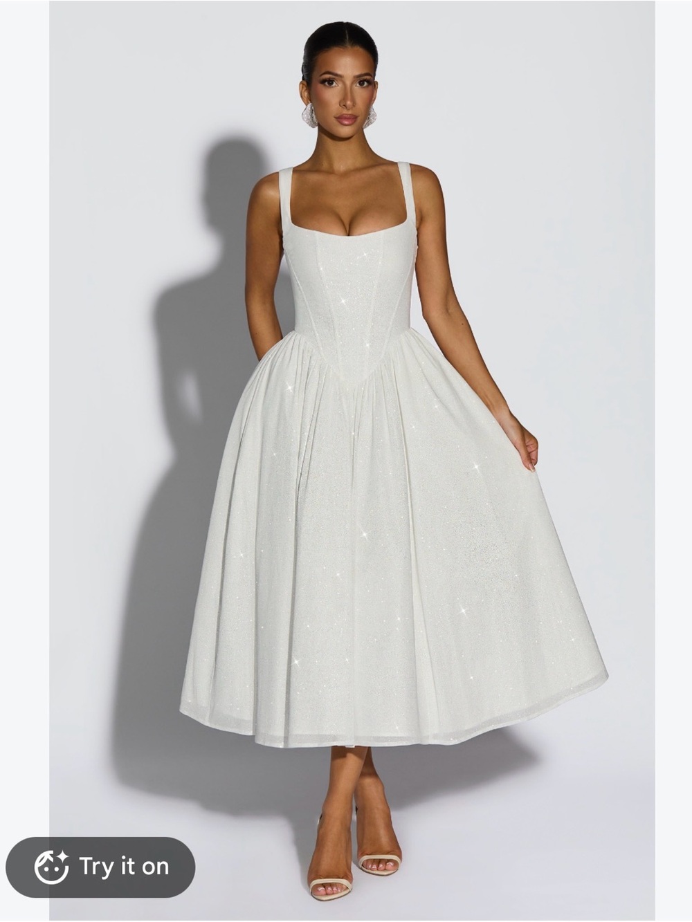 Sparkling White Midi Dress with Square Neck